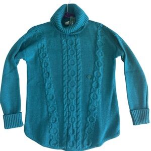 L.L.Bean Cable Knit Turtleneck Sweater Petite S Teal Cotton NWT